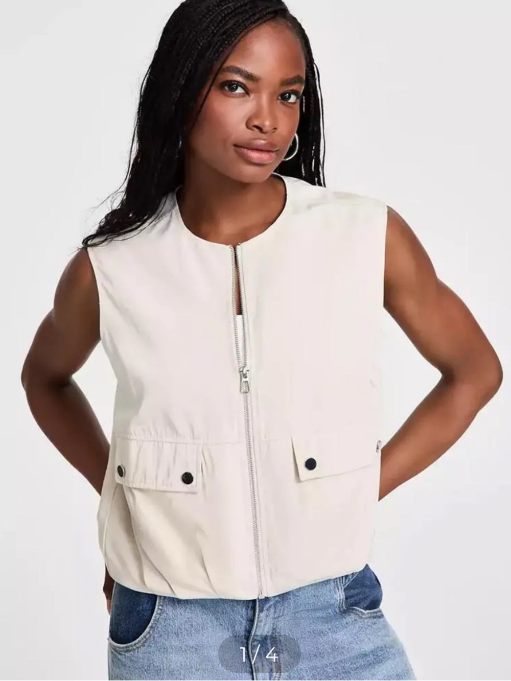 Bar III Cream Sleeveless Zip-Front Bubble Hem Cargo Vest
